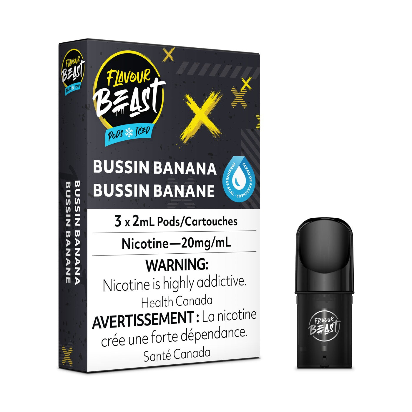 BUSSIN BANANA ICED FLAVOUR BEAST POD PACK box